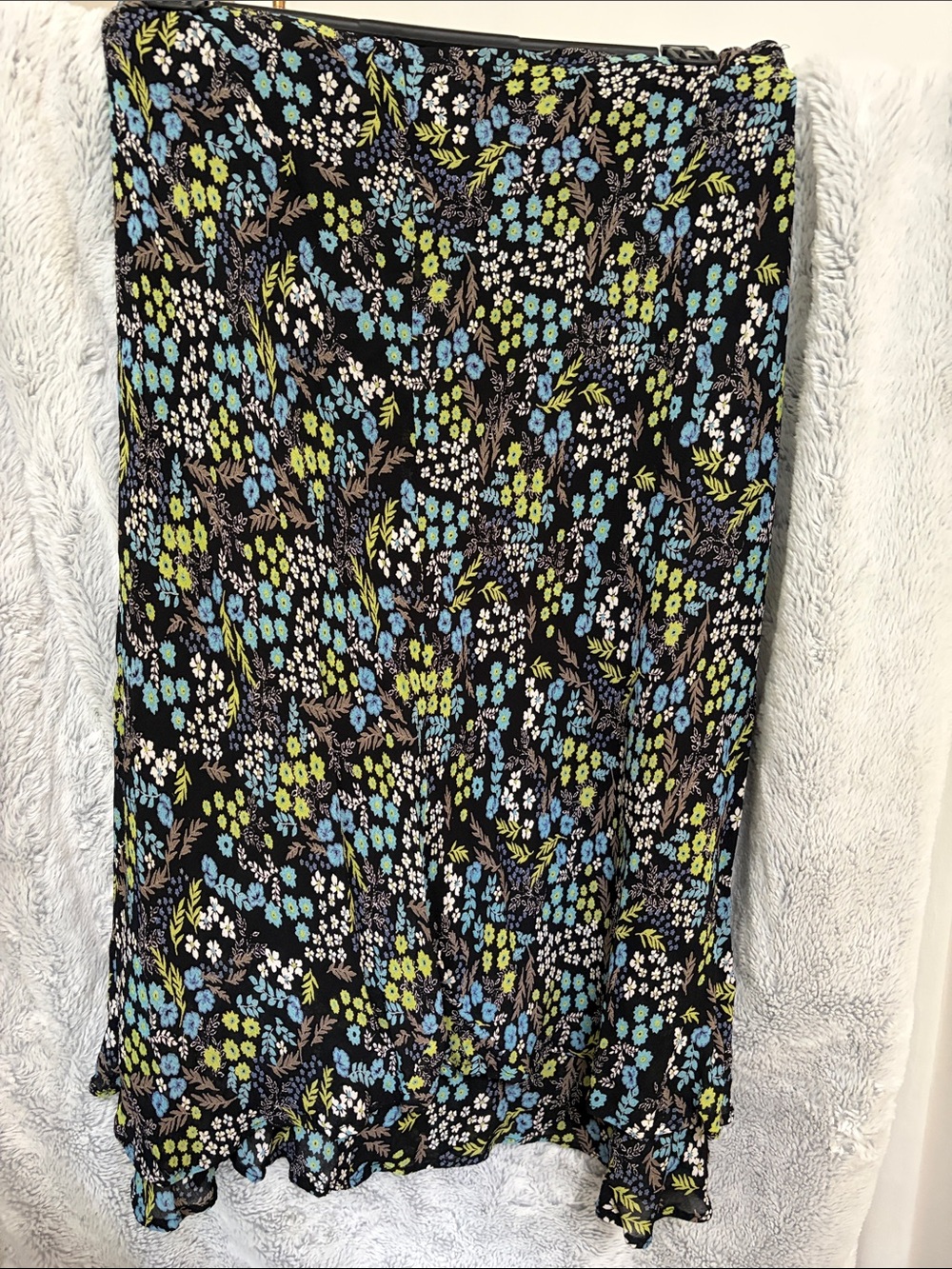 JM Collection Black Maxi Skirt with Blue, Green & White Floral Print